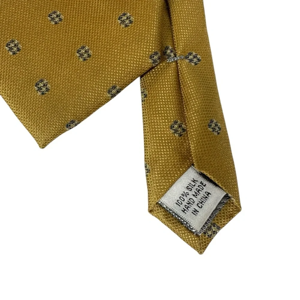 ENRO 100% Silk Men's Tie Mustard Yellow Gold with Blue Geometric Pattern